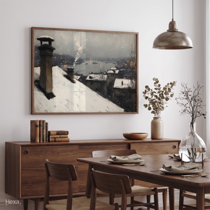 Snowy Rooftop over the Harbor, framed print above a walnut sideboard in a dining room