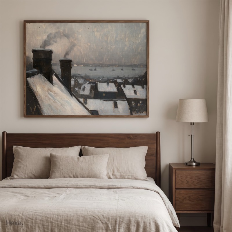 Chimney Smoke over Snowy Roofs, framed print above a bed in a neutral bedroom