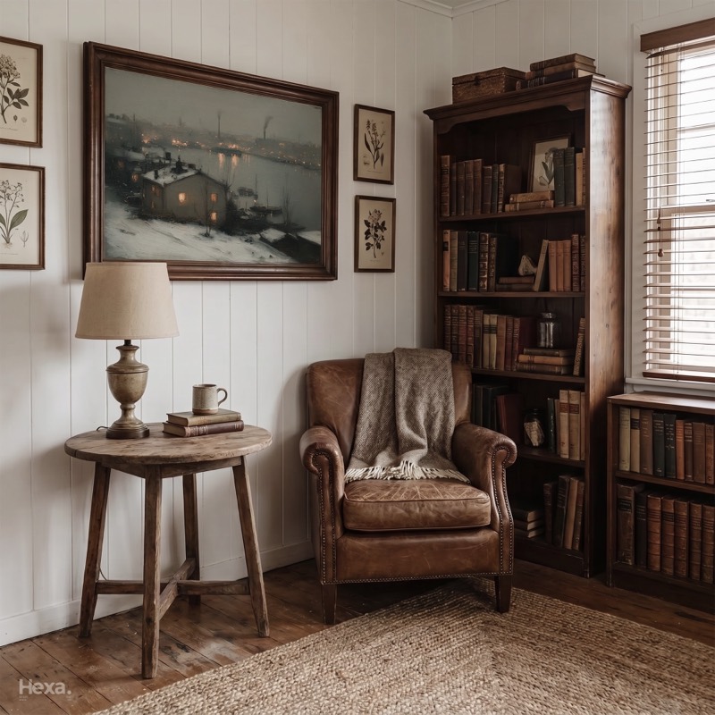 Harbor Town at Twilight, framed print above a leather armchair in a vintage study