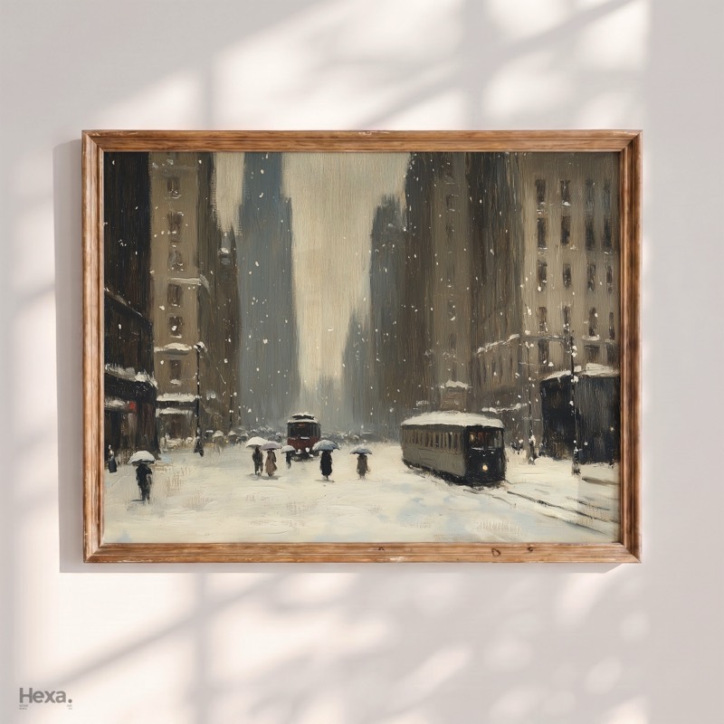 Streetcars on a Snowy City Street, framed print in a minimalist white studio